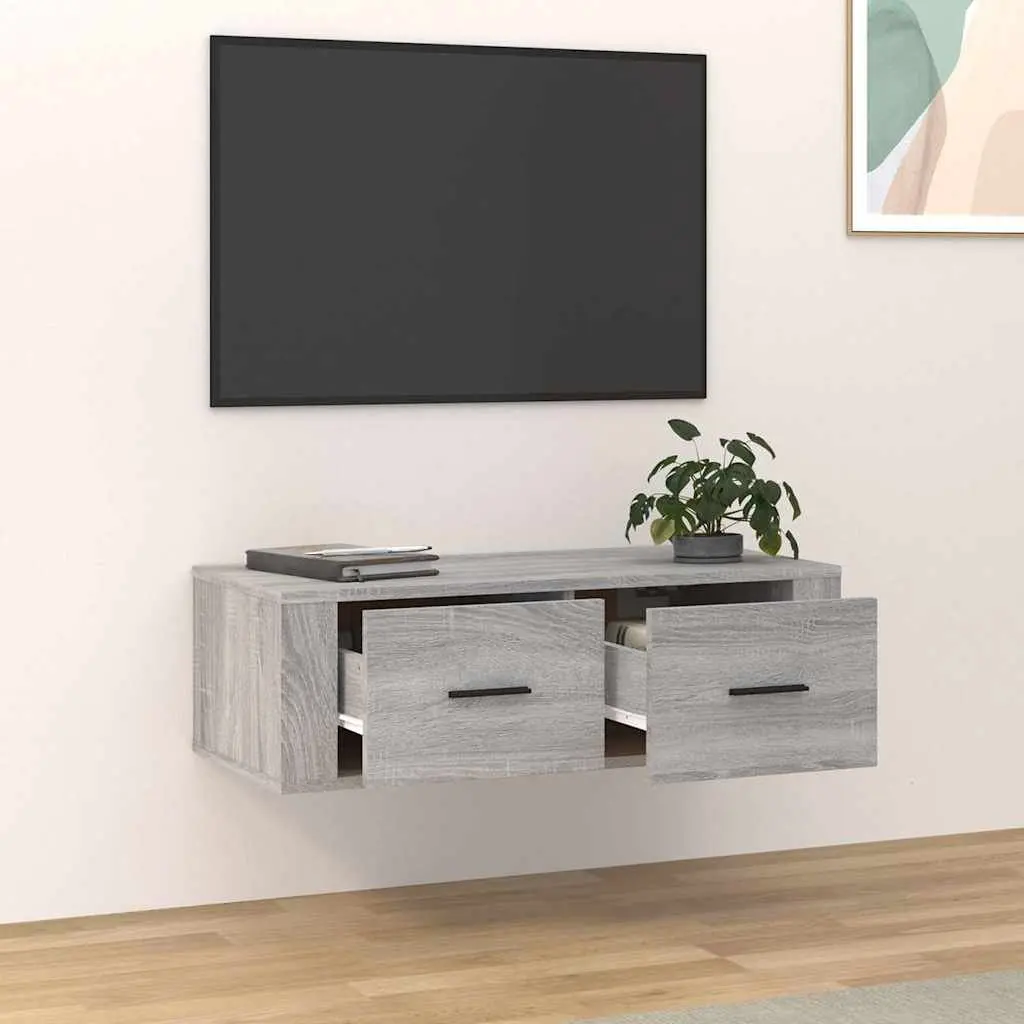 Hanging TV Cabinet Grey Sonoma Wall-Mounted Media Storage Unit Engineered Wood 80 x 36 x 25 cm with Two Drawers