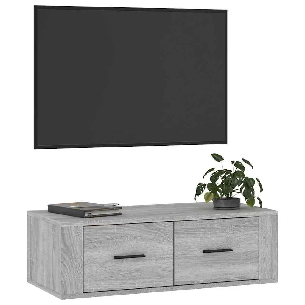Hanging TV Cabinet Grey Sonoma Wall-Mounted Media Storage Unit Engineered Wood 80 x 36 x 25 cm with Two Drawers