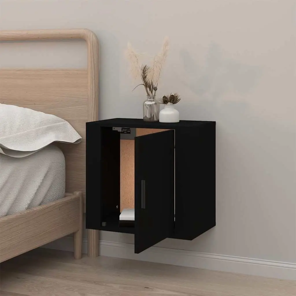 Black Wall-mounted Floating Bedside Cabinet Bedroom Organizer Engineered Wood