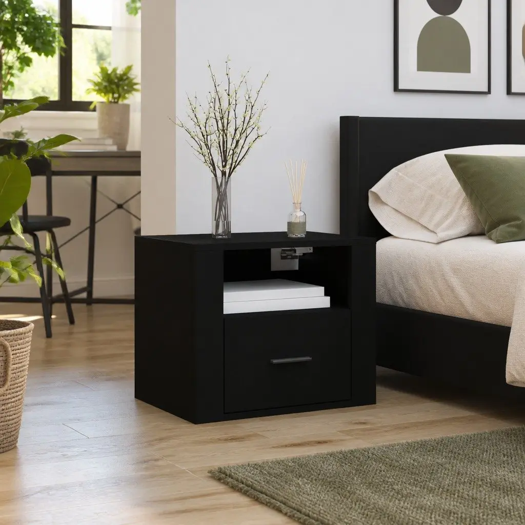 Black Floating Bedside Cabinet Wall-Mounted Storage Organizer Engineered Wood 50x36x40cm