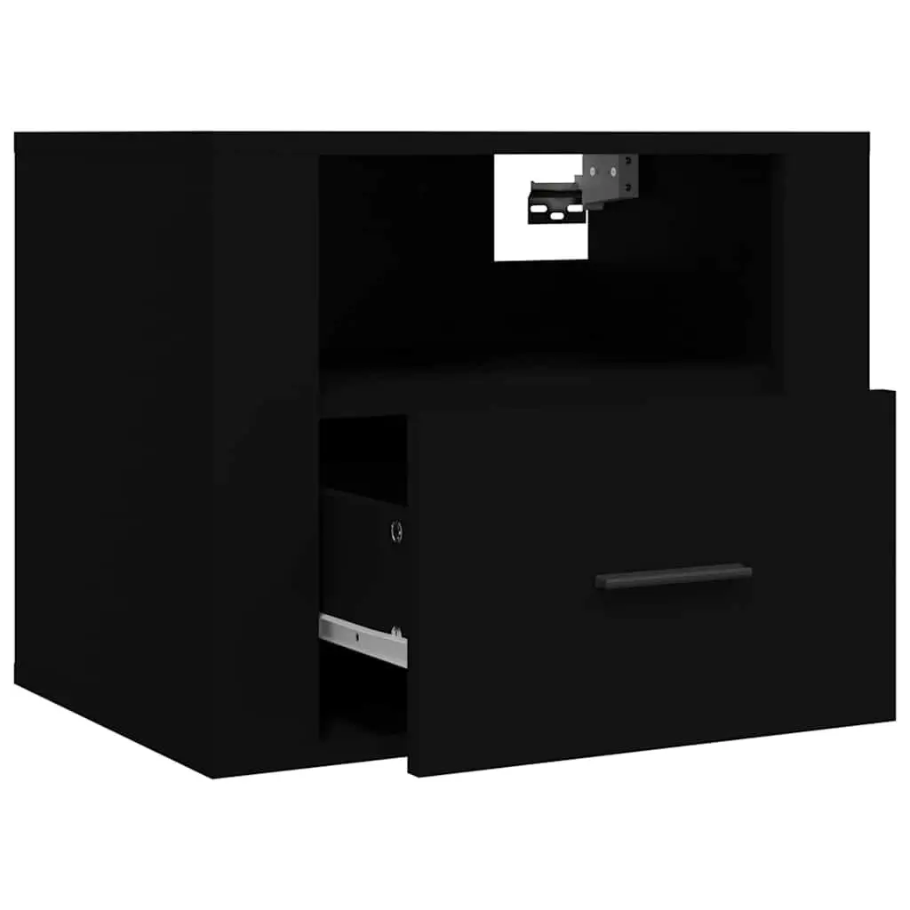 Black Floating Bedside Cabinet Wall-Mounted Storage Organizer Engineered Wood 50x36x40cm