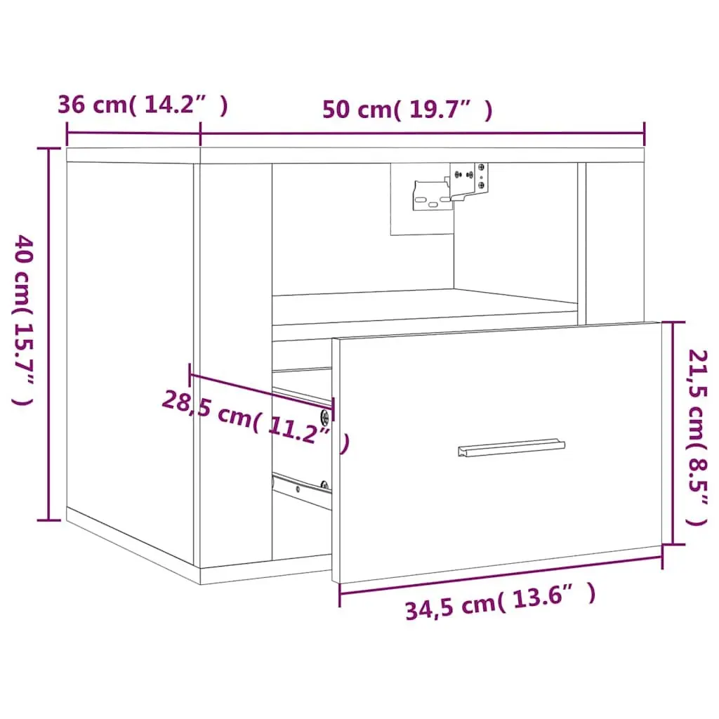 Black Floating Bedside Cabinet Wall-Mounted Storage Organizer Engineered Wood 50x36x40cm