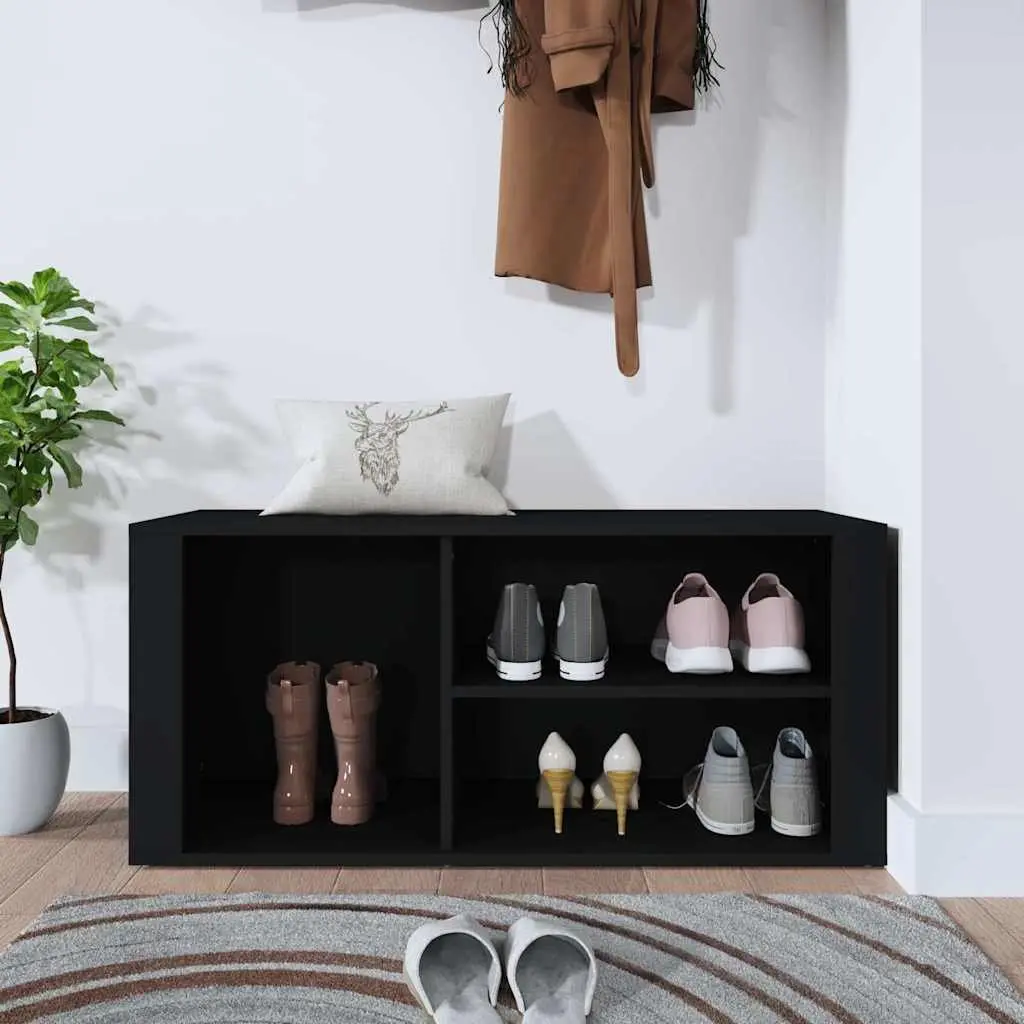 Shoe Cabinet Black Engineered Wood Multiple Compartments Sturdy Top Surface