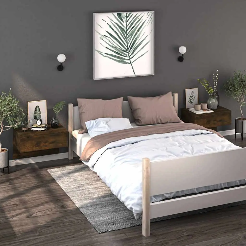 Wall-mounted Bedside Cabinet Smoked Oak Floating Storage Shelf Bedroom