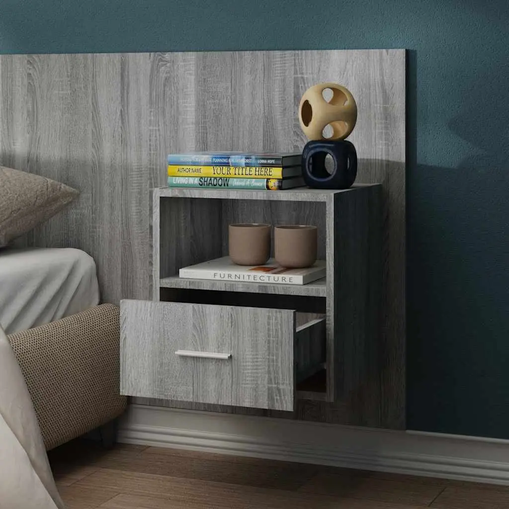 Grey Wall-Mounted Bedside Cabinet Floating Storage Unit Engineered Wood