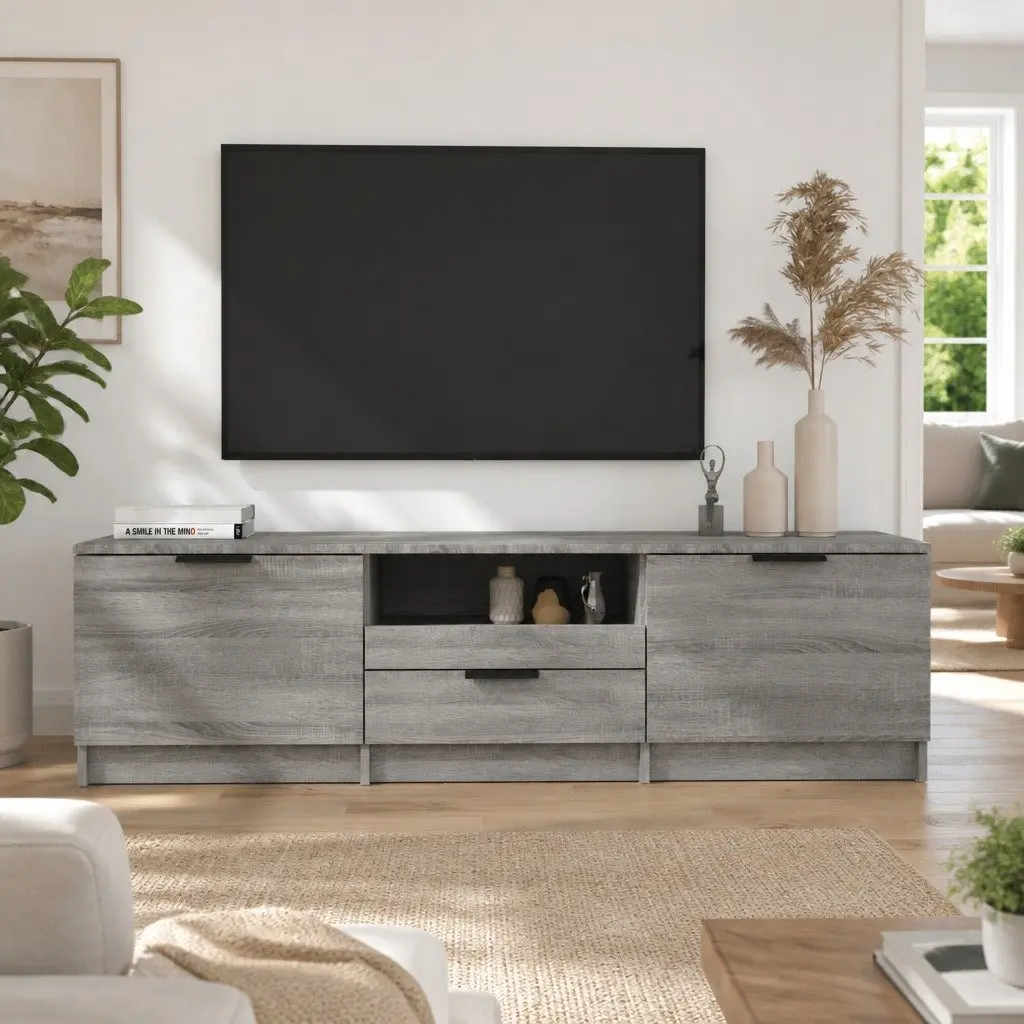 TV Stand Grey Sonoma Engineered Wood 140x35x40cm Storage Unit with Drawer and Compartments