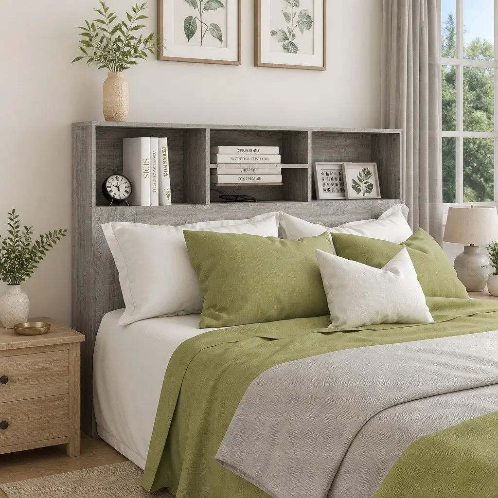 Headboard Cabinet Grey 140 cm Wall-Mounted Storage Compartments Bookcase