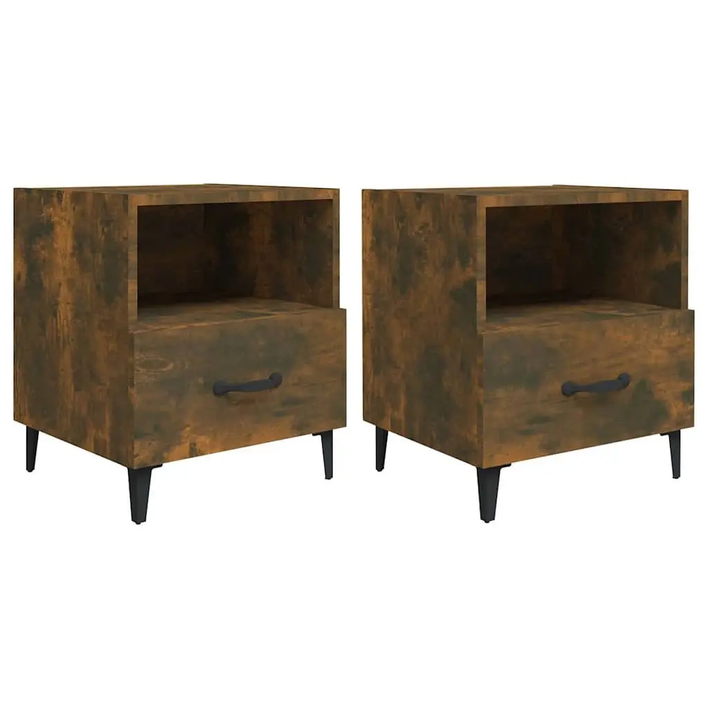 Bedside Cabinets Brown 2 Piece Engineered Wood Nightstands with Drawers and Shelves for Storage