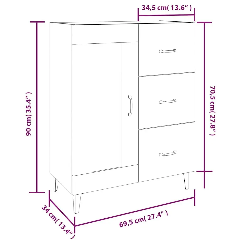 Sideboard Brown Engineered Wood 69.5x34x90cm Storage Cabinet with Multiple Compartments for Living Room