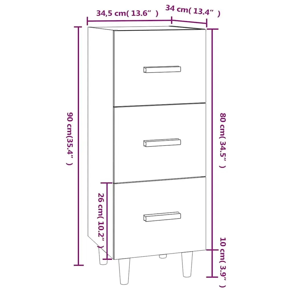 Sideboard Brown Engineered Wood Storage Cabinet 3 Drawers 34.5x34x90cm