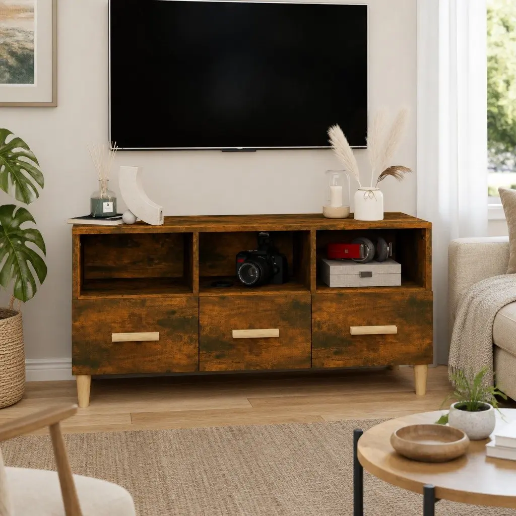 Brown Engineered Wood TV Cabinet Storage Unit with Drawers and Compartments 102 x 36 x 50 cm