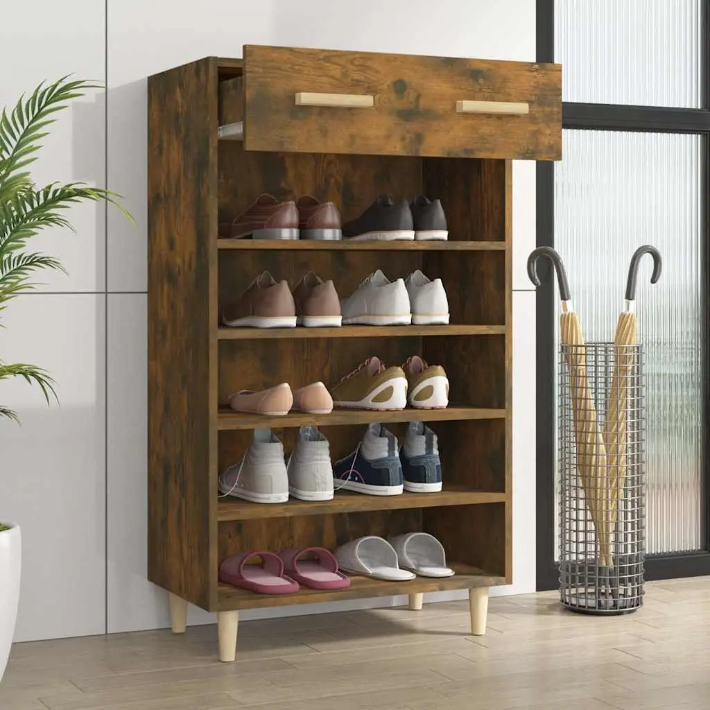 Shoe Cabinet Brown Storage Organiser 5 Compartments Drawer Engineered Wood