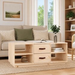 Solid Pine Wood Coffee Table with Storage Drawers