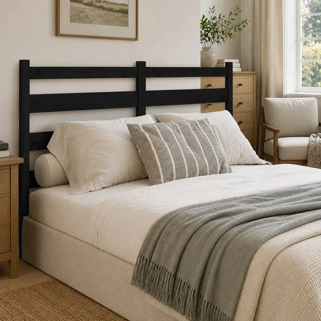 Wooden Bed Headboard 141cm Black Slatted Pine Modern Bedroom Furniture Support