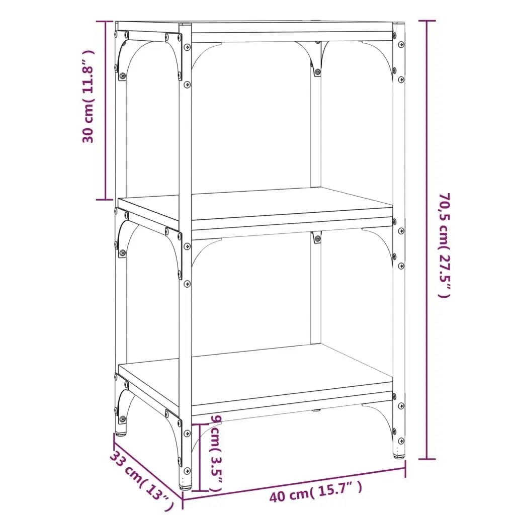3 Tier Storage Shelf Black Engineered Wood Steel Frame Book Cabinet