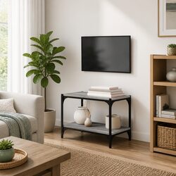 TV Cabinet Grey Sonoma Engineered Wood Steel Frame Storage Shelves Living Room