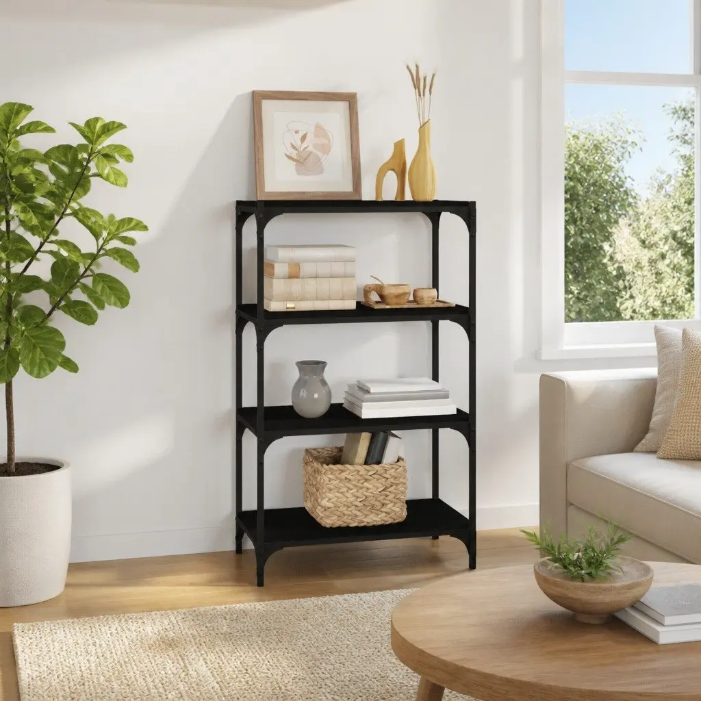 Industrial Style Black Book Cabinet Engineered Wood 4 Shelves Sturdy Storage Unit