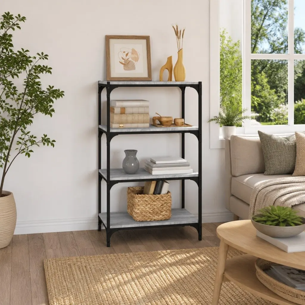 Industrial Style Book Cabinet Grey 60x33x100cm 4 Shelves Engineered Wood with Steel Frame Storage Shelf