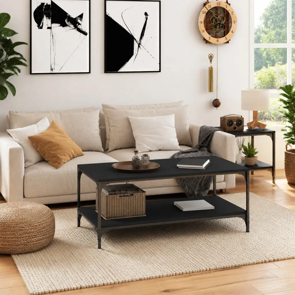 Coffee Table Black Engineered Wood Industrial Style Storage