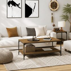 Brown Oak Coffee Table with Steel Frame and Storage