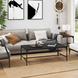 Concise Black Coffee Table with Steel Frame and Wood Top