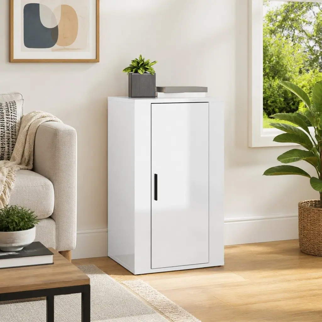 Sideboard White High Gloss Engineered Wood Storage Cabinet with Spacious Compartments