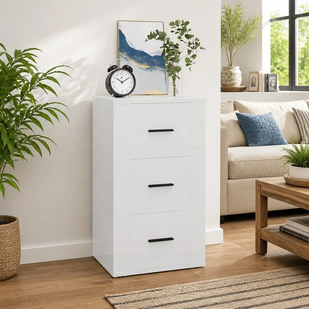 Sideboard Cabinet White High Gloss 40x33x70cm Engineered Wood 3 Drawers