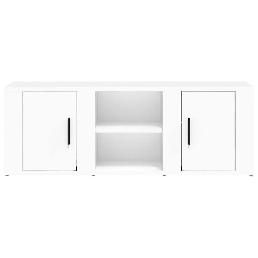 White TV Cabinet Storage Unit 100x31.5x35cm with 4 Compartments and Doors for Contemporary Living Room