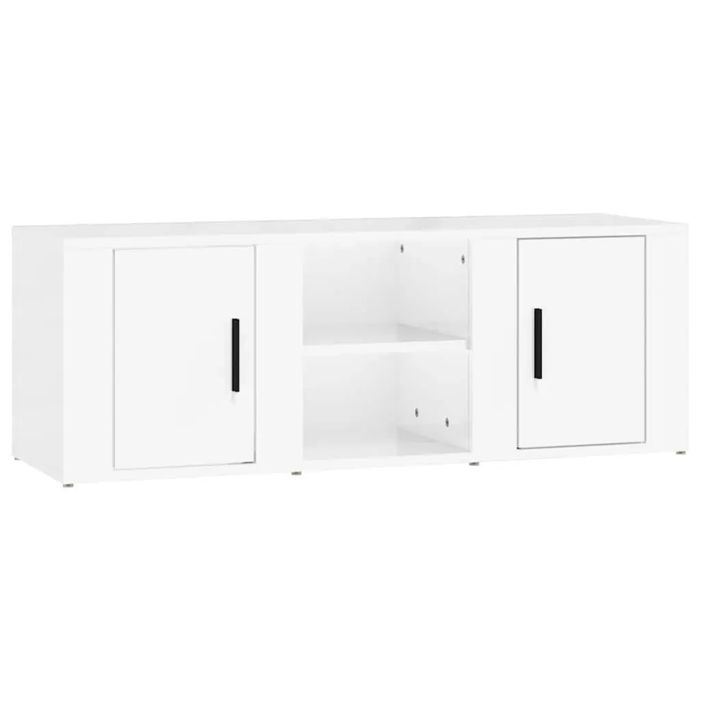 TV Cabinet High Gloss White Engineered Wood 4 Compartments Smooth Surface