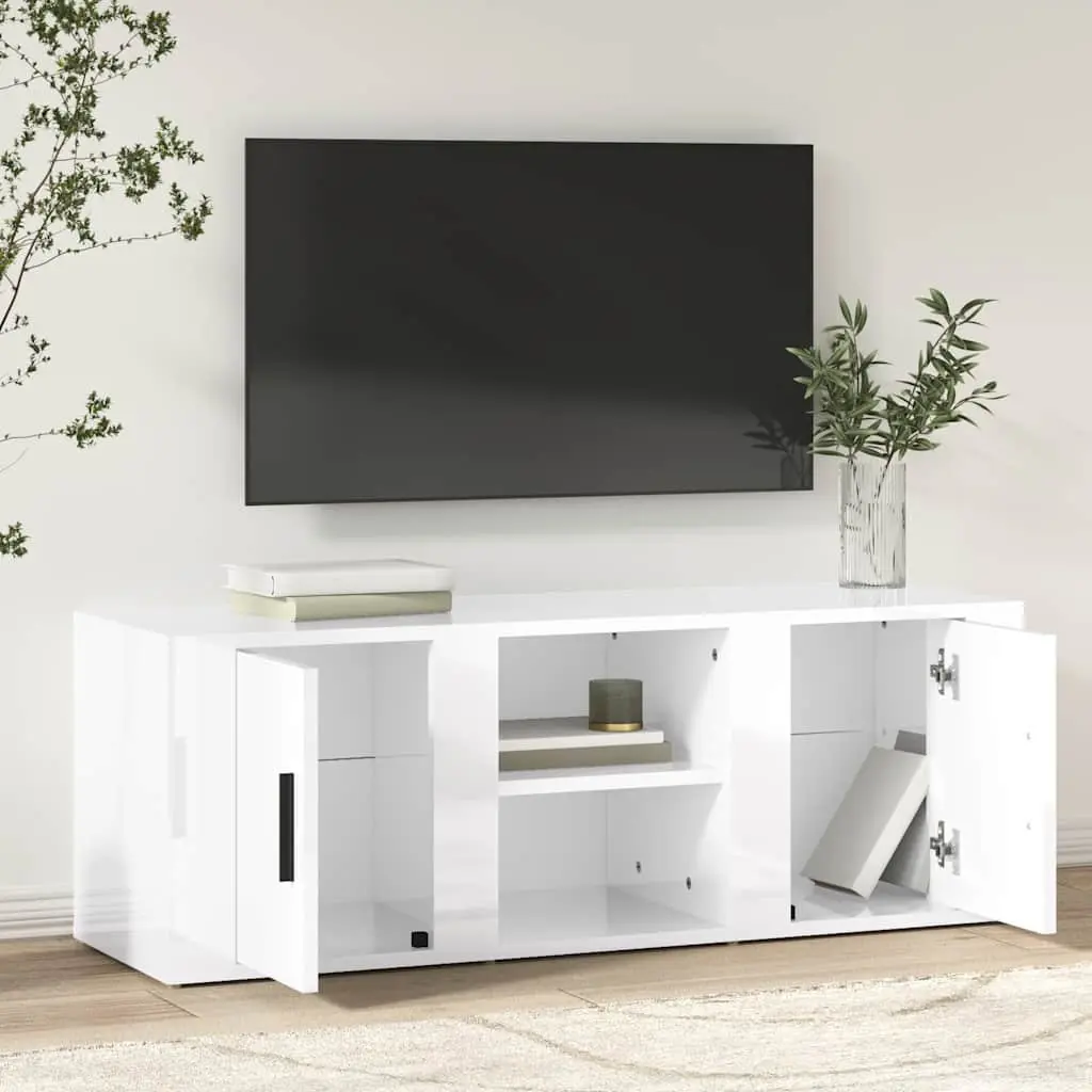 TV Cabinet High Gloss White Engineered Wood 4 Compartments Smooth Surface