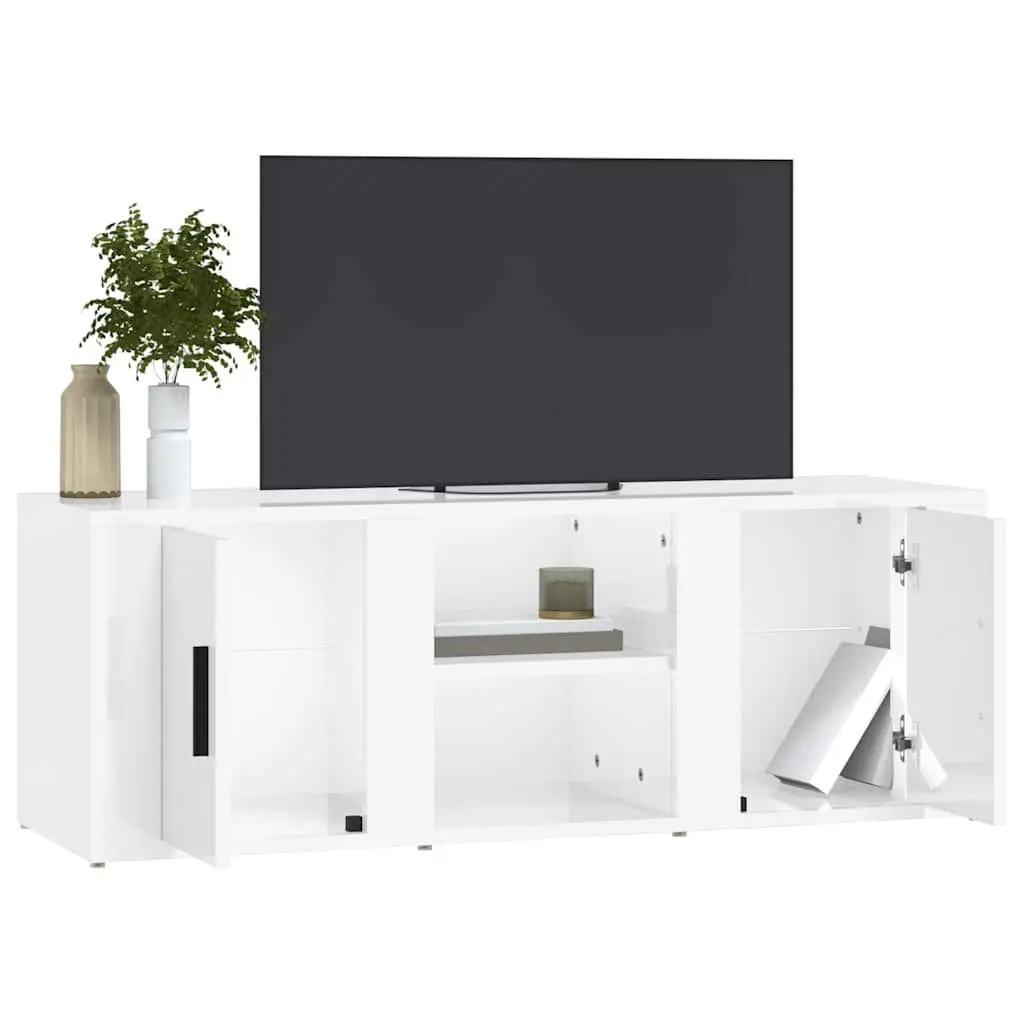 TV Cabinet High Gloss White Engineered Wood 4 Compartments Smooth Surface
