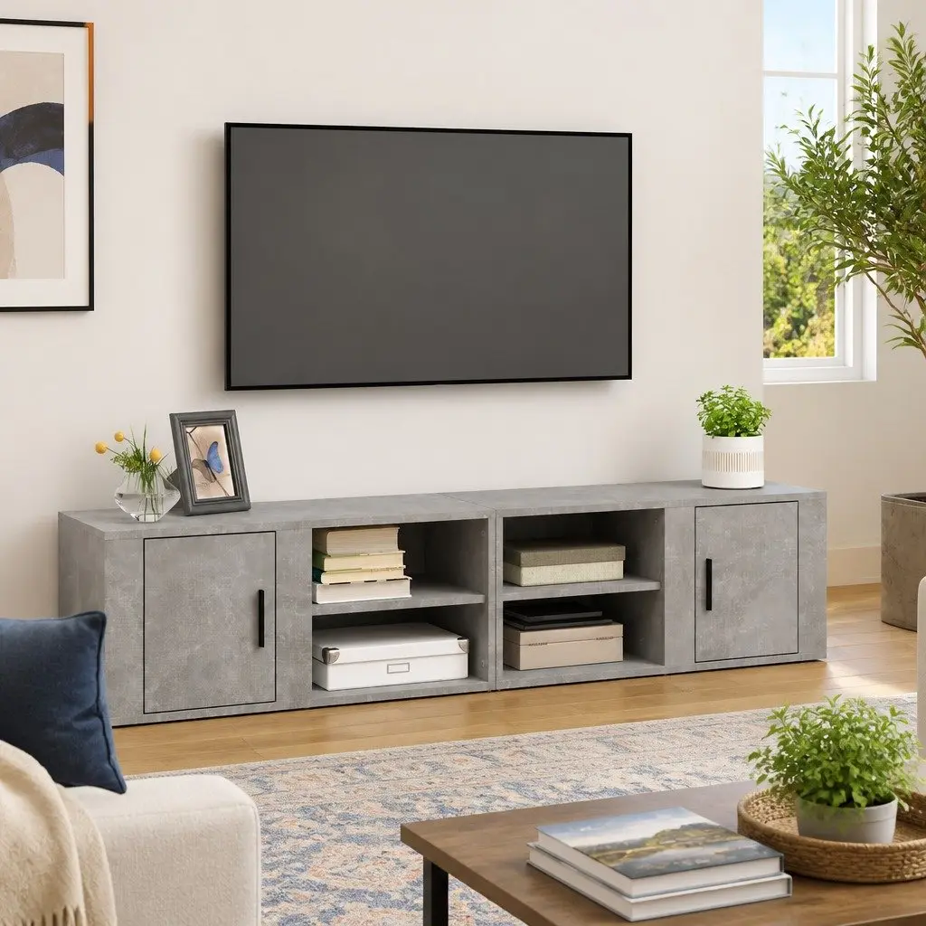 TV Cabinets Grey 80x31.5x36 cm Set of 2 Media Storage Unit with Hinged Doors and Compartments
