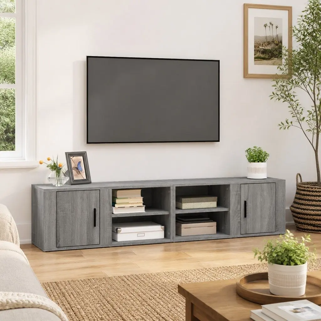TV Cabinets Grey 2 Piece Media Storage Unit with Doors Compartments