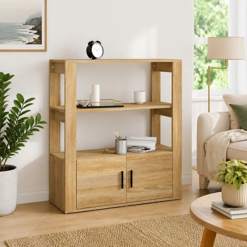 Sideboard Brown Engineered Wood Storage Cabinet with Shelves and Doors for Living Room