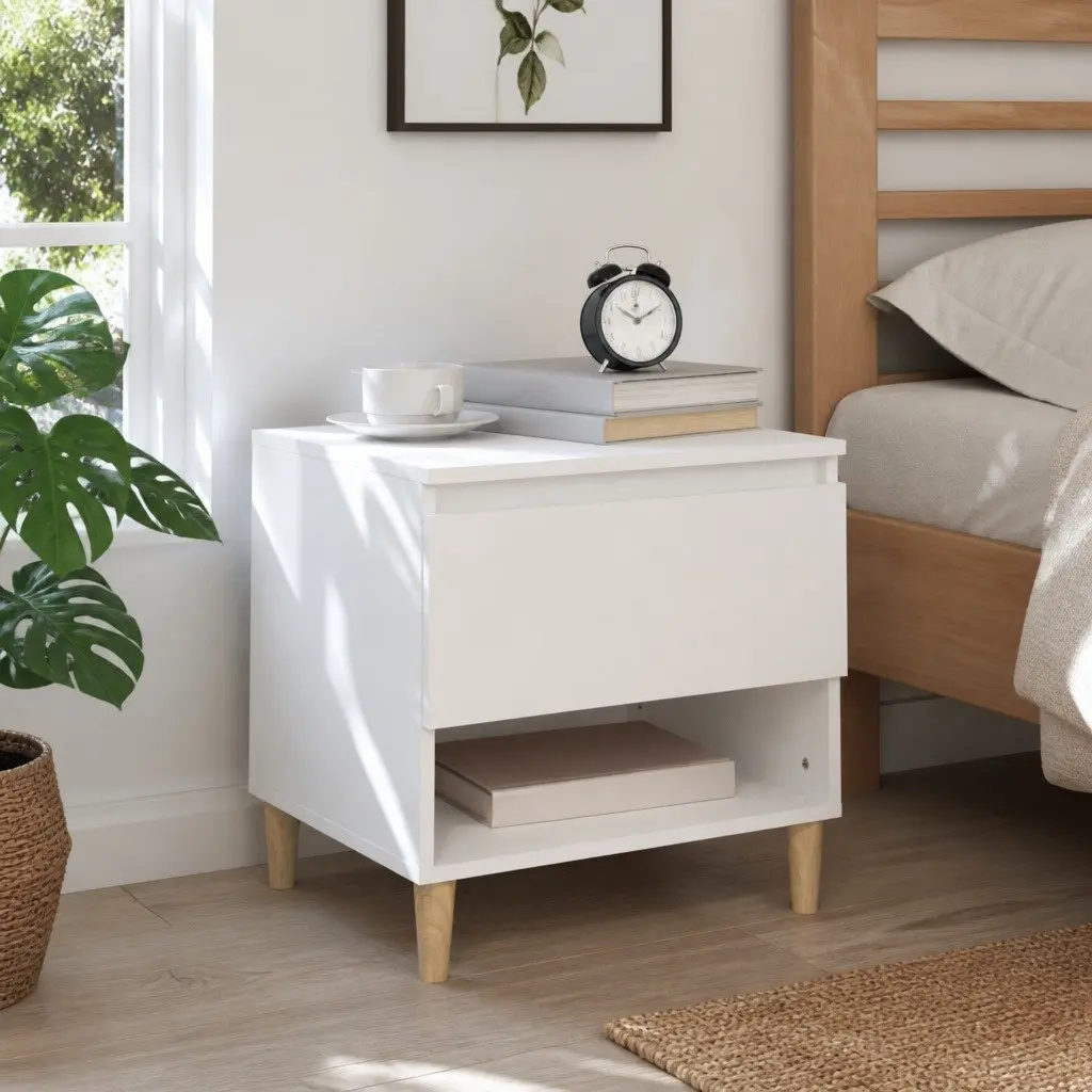 White Compact Nightstand Engineered Wood Storage 50x46x50 cm for Bedroom