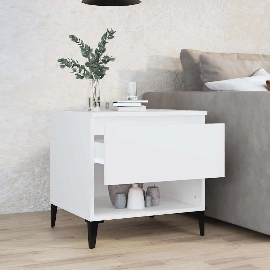Storage Drawer Side Table White Engineered Wood 50cm Compartment Metal Feet