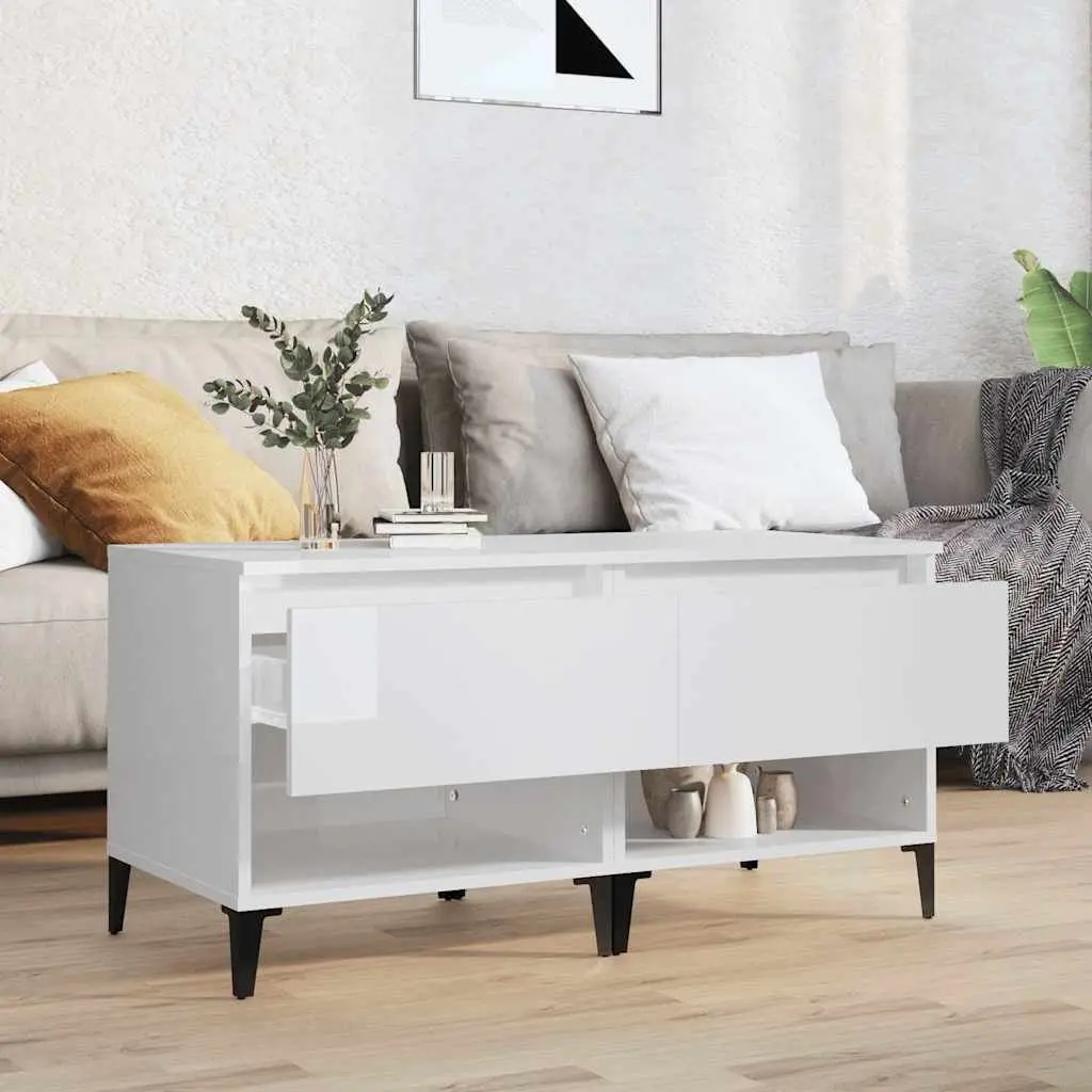 End Tables White High Gloss 50cm Storage Drawer Compartment 2 Pieces