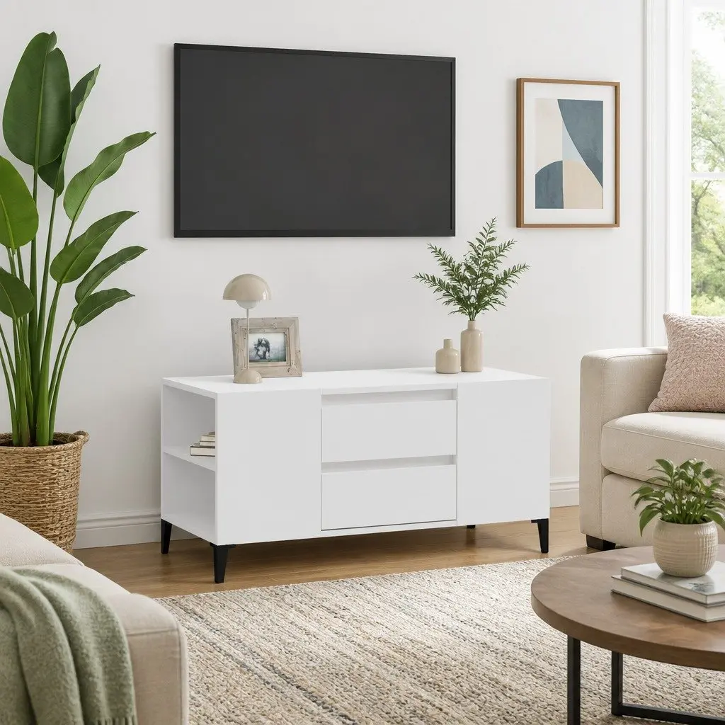 TV Cabinet White 102x44.5x50 cm Engineered Wood Open Compartments Drawers Storage Unit
