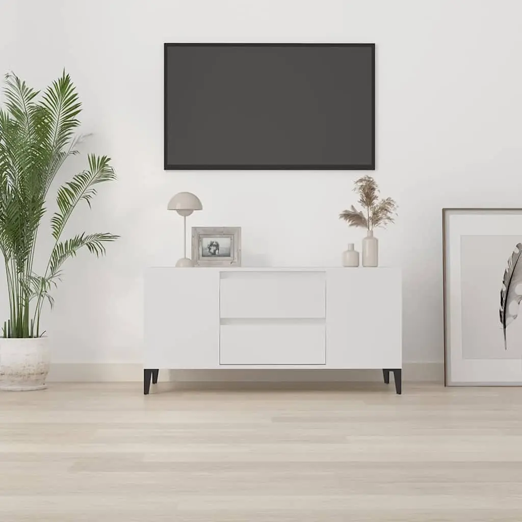 TV Cabinet White 102x44.5x50 cm Engineered Wood Open Compartments Drawers Storage Unit