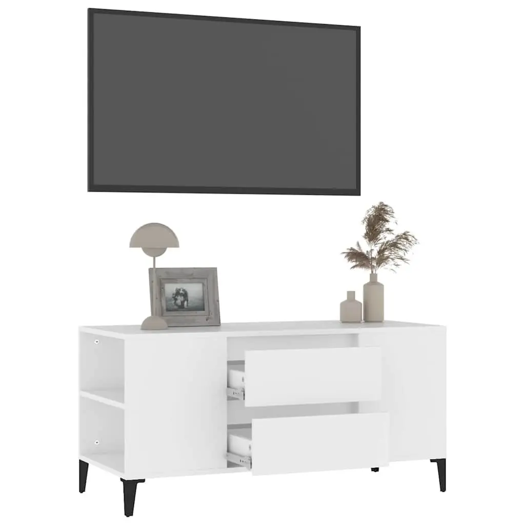 TV Cabinet White 102x44.5x50 cm Engineered Wood Open Compartments Drawers Storage Unit
