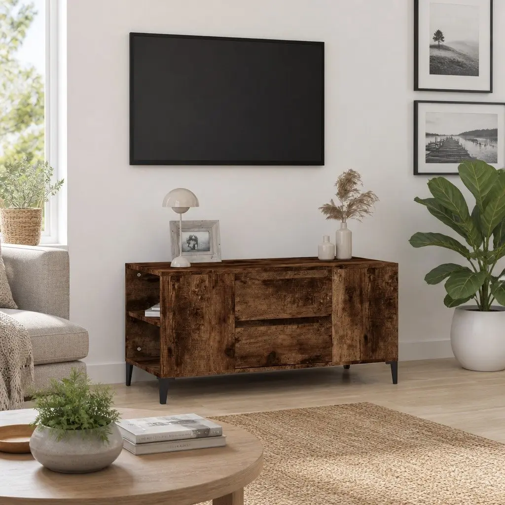 TV Cabinet Engineered Wood Brown Living Room Storage Unit with Drawers