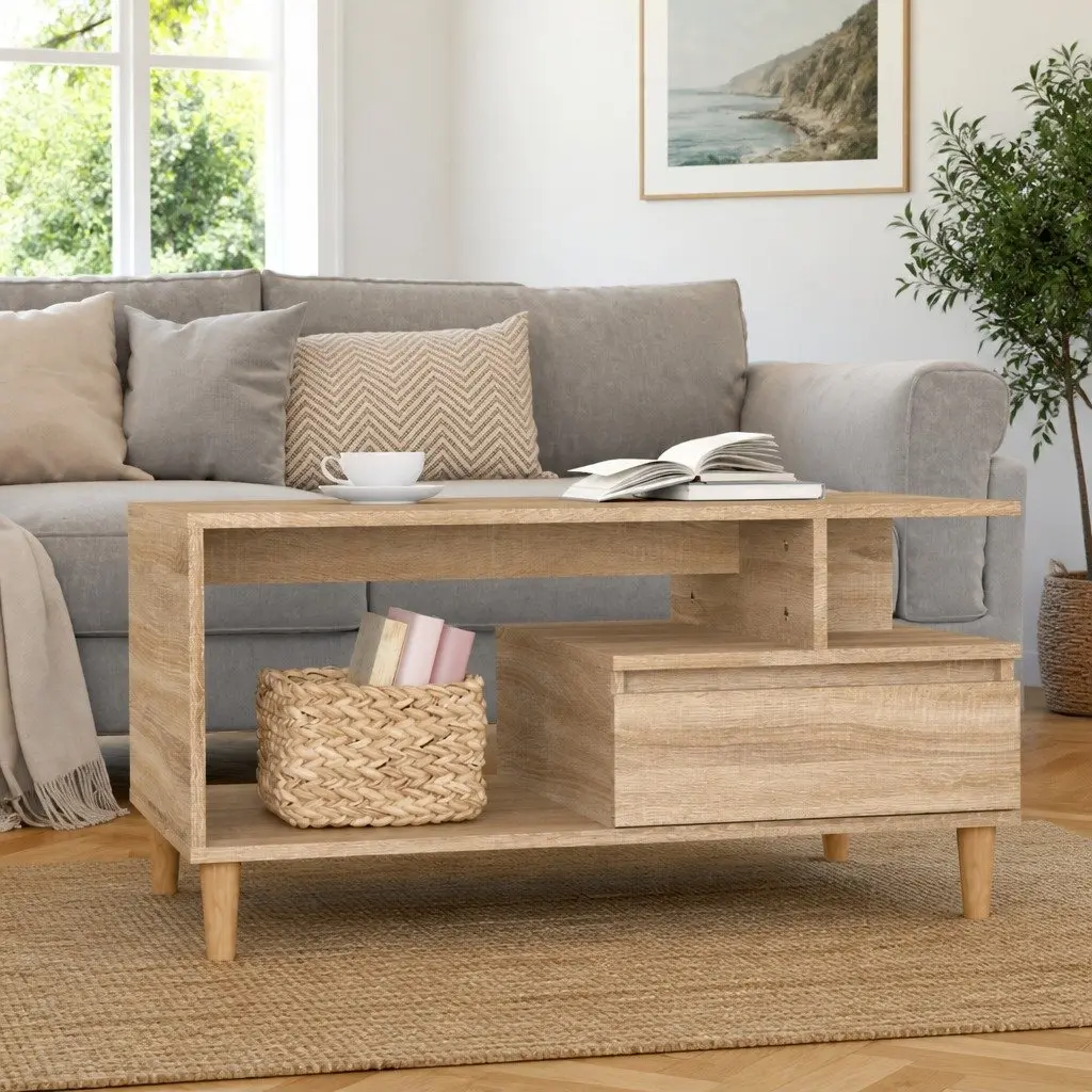 Coffee Table Brown Engineered Wood Open Shelves Storage Drawer Wooden Legs