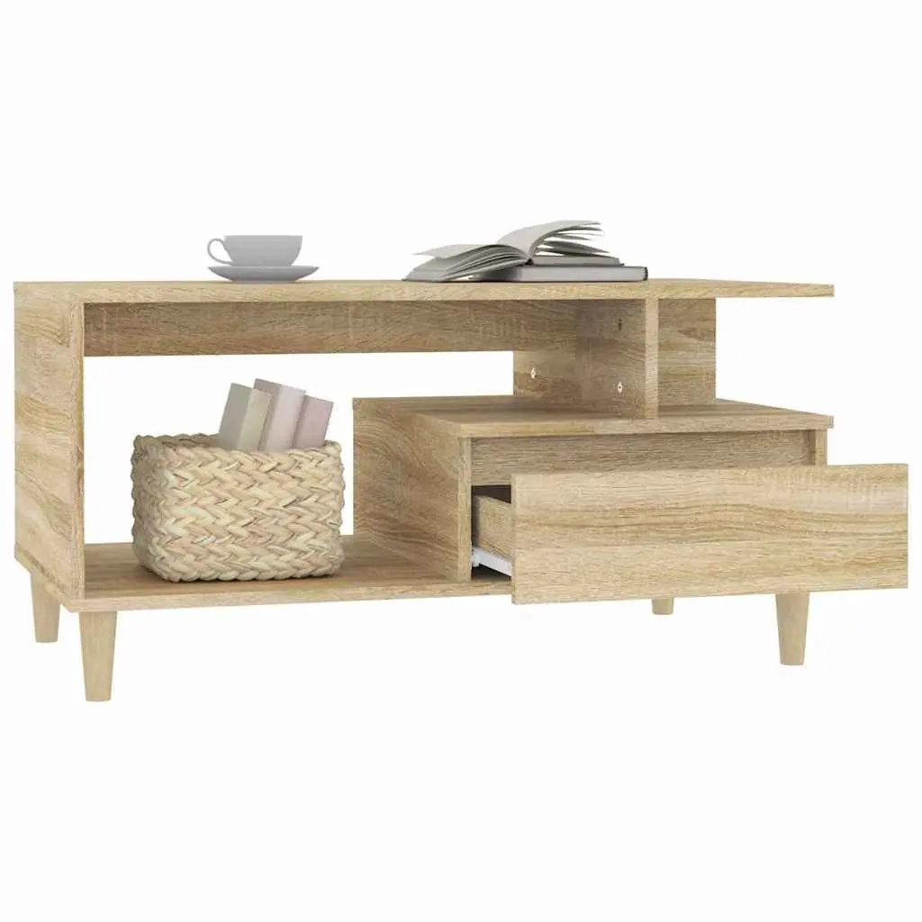 Coffee Table Brown Engineered Wood Open Shelves Storage Drawer Wooden Legs