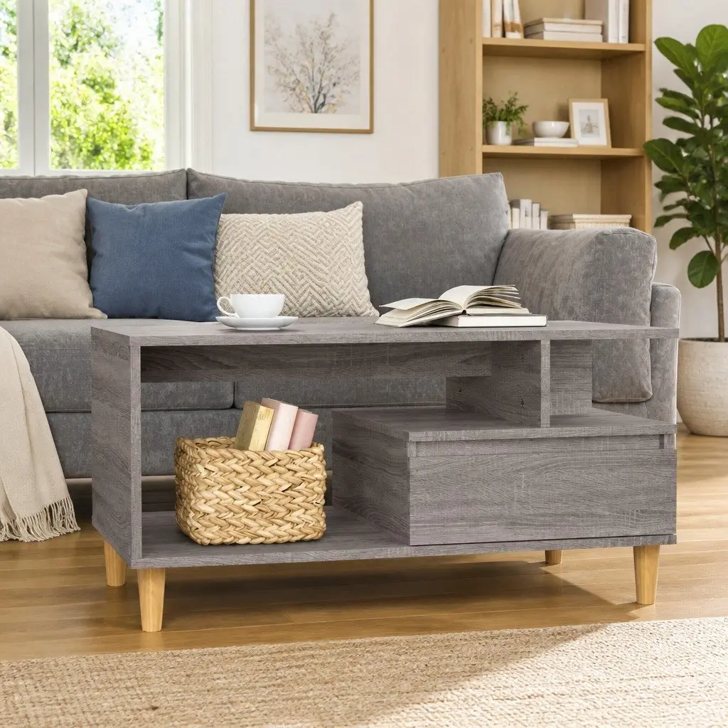 Coffee Table Grey 90x49x45cm Open Compartment Drawer Storage Accent Table