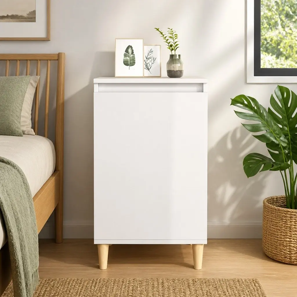 Bedside Table White High Gloss 40x35x70cm Storage Cabinet Wooden Legs