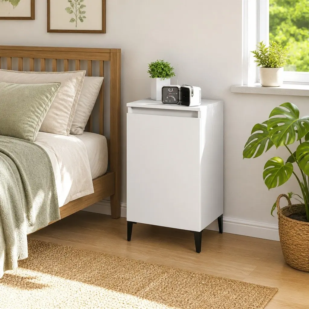 Bedside Cabinet White 40x35x70cm Nightstand Side Table with Door Storage Metal Legs