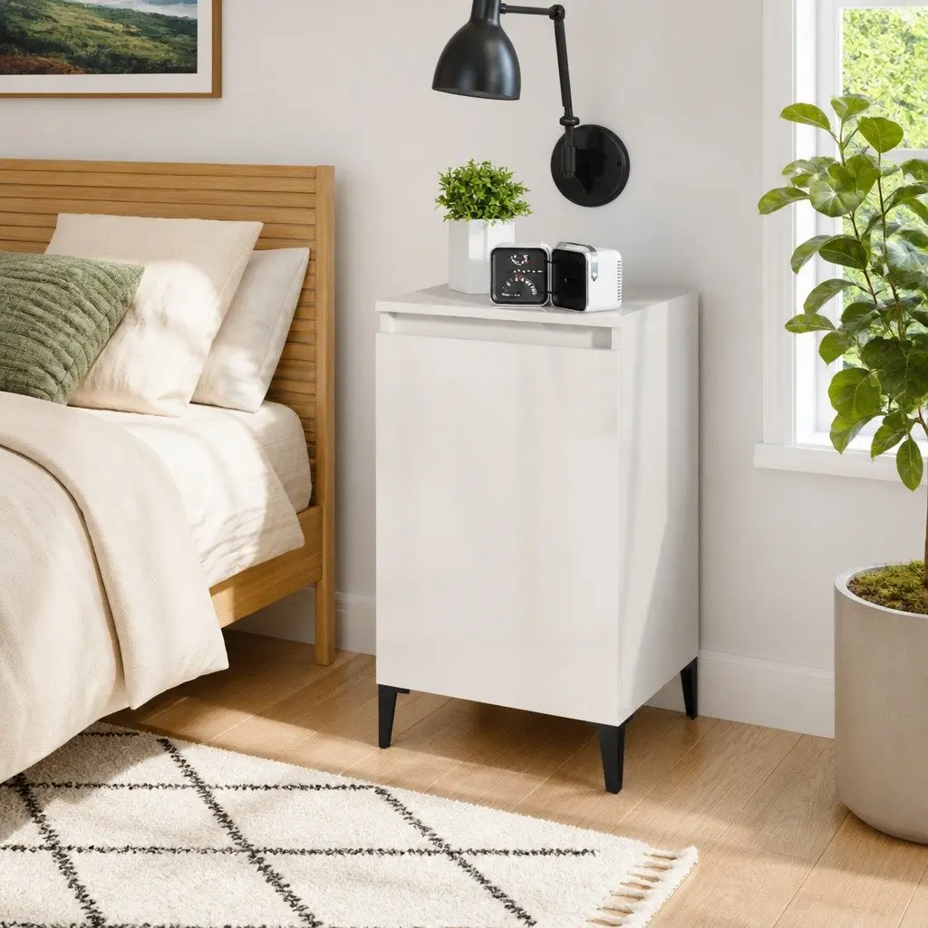 Bedside Cabinet White High Gloss 40x35x70 cm Engineered Wood Two Storage Compartments Metal Legs