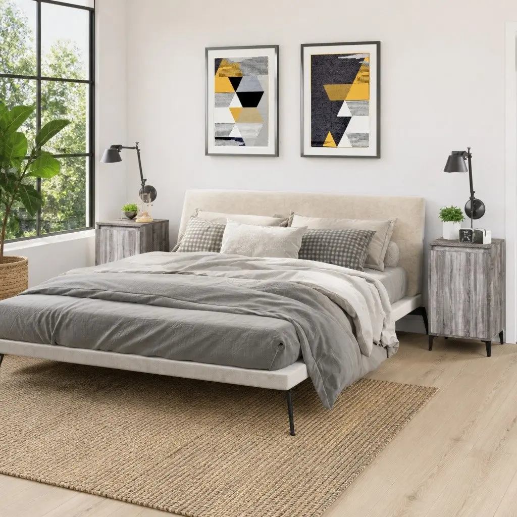 Bedside Cabinets Grey 2 Piece Engineered Wood Nightstand Storage with 2 Compartments and Metal Legs