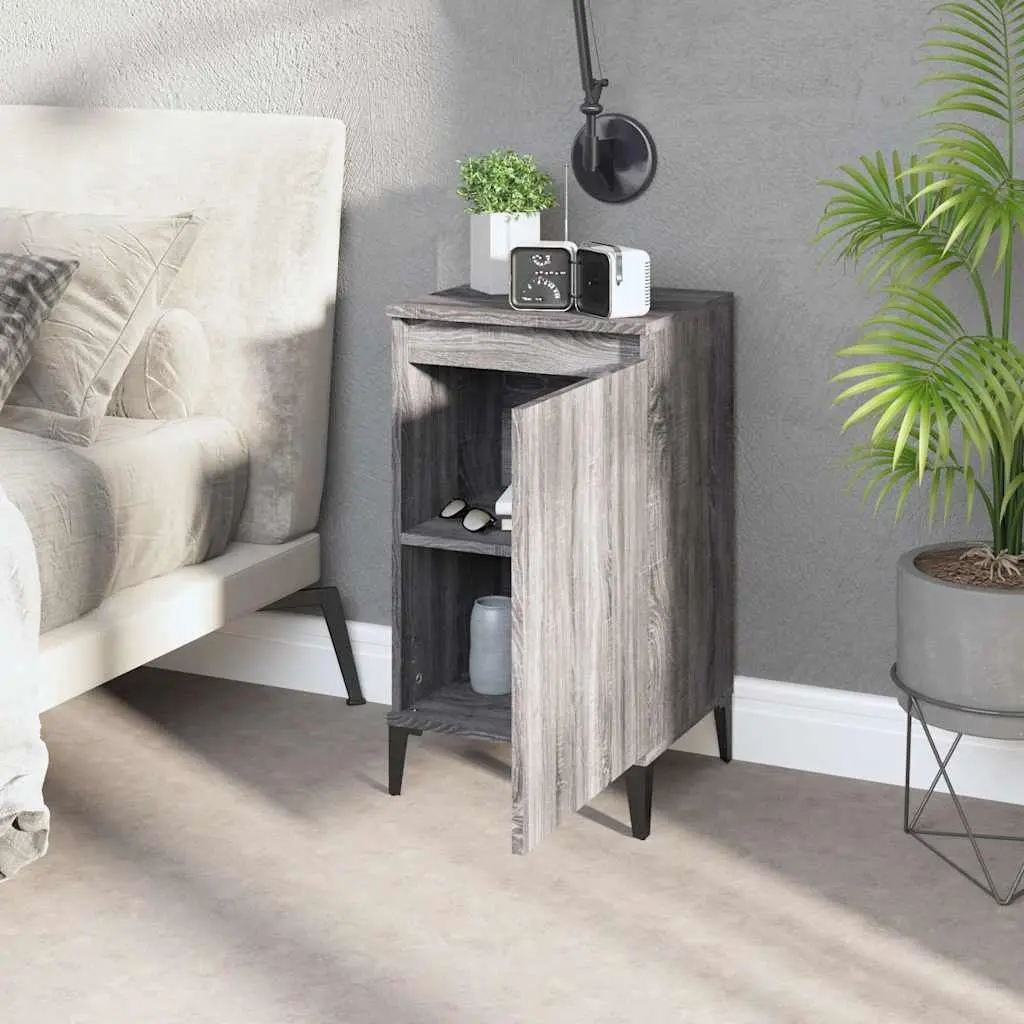 Bedside Cabinets Grey 2 Piece Engineered Wood Nightstand Storage with 2 Compartments and Metal Legs