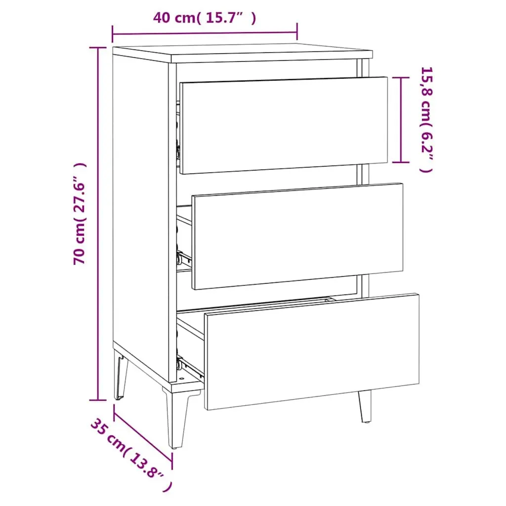 Industrial Style Bedside Cabinet 3 Drawer Storage White 40x35x70cm Engineered Wood with Metal Feet